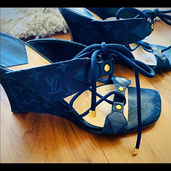 Luis Vuitton wedge heels. Navy blue & army green. - Picture 1 of 6